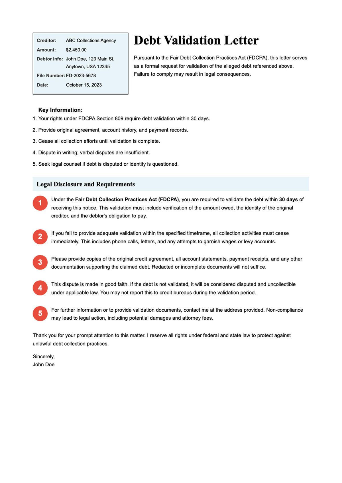 Debt validation sample letter with numbered sections and key explanations_variant_3